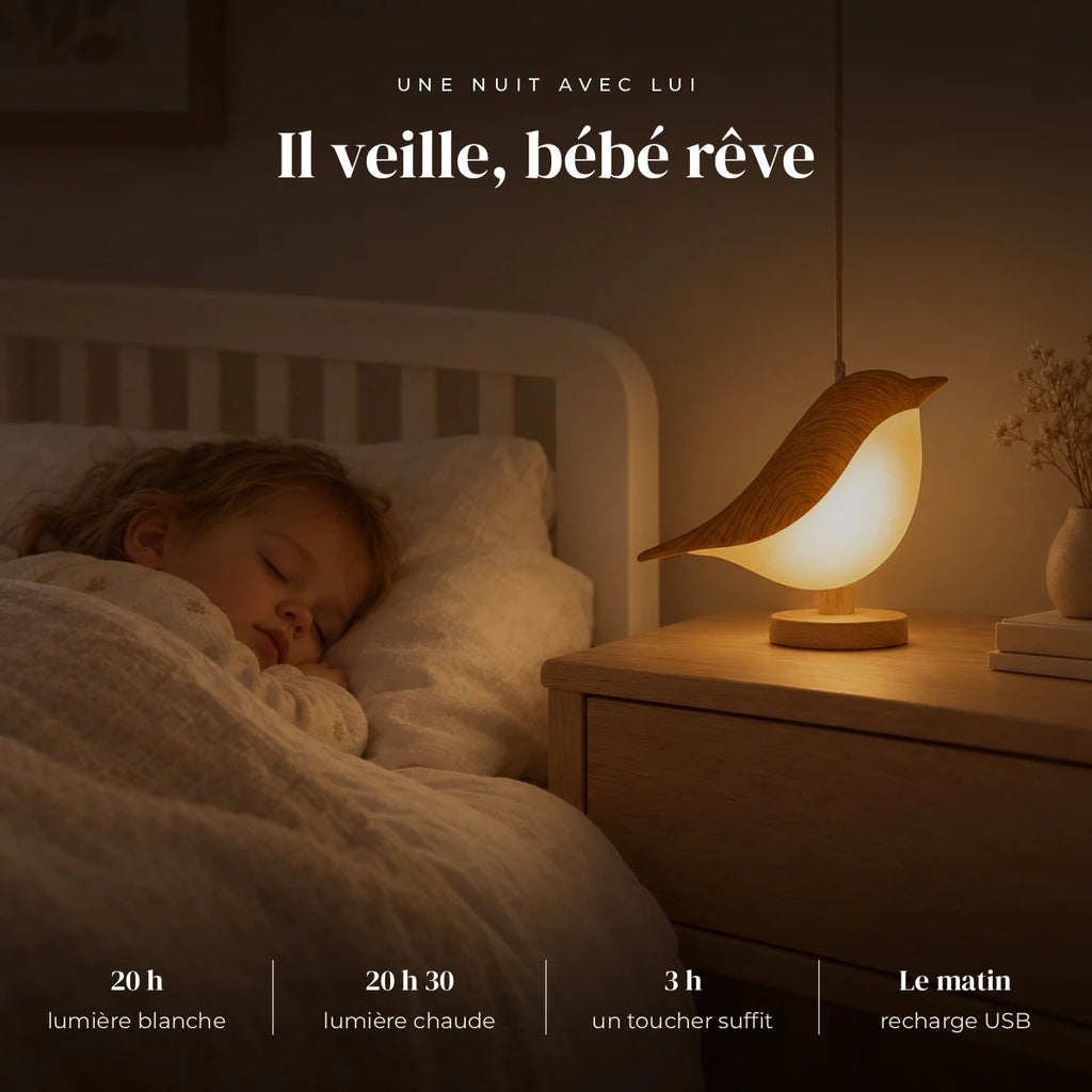 Veilleuse oiseau tactile avec diffuseur qui éclaire doucement la chambre pendant que l’enfant dort