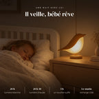Veilleuse oiseau tactile avec diffuseur qui éclaire doucement la chambre pendant que l’enfant dort
