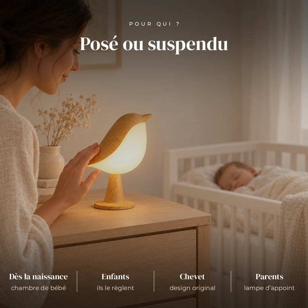 Veilleuse oiseau tactile avec diffuseur utilisée la nuit dans la chambre de bébé