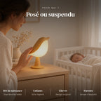 Veilleuse oiseau tactile avec diffuseur utilisée la nuit dans la chambre de bébé