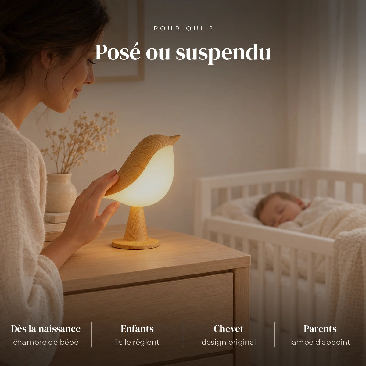 Veilleuse oiseau tactile avec diffuseur utilisée la nuit dans la chambre de bébé