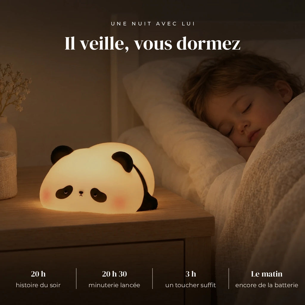 Veilleuse panda en silicone tactile et rechargeable qui éclaire doucement la chambre pendant que l’enfant dort