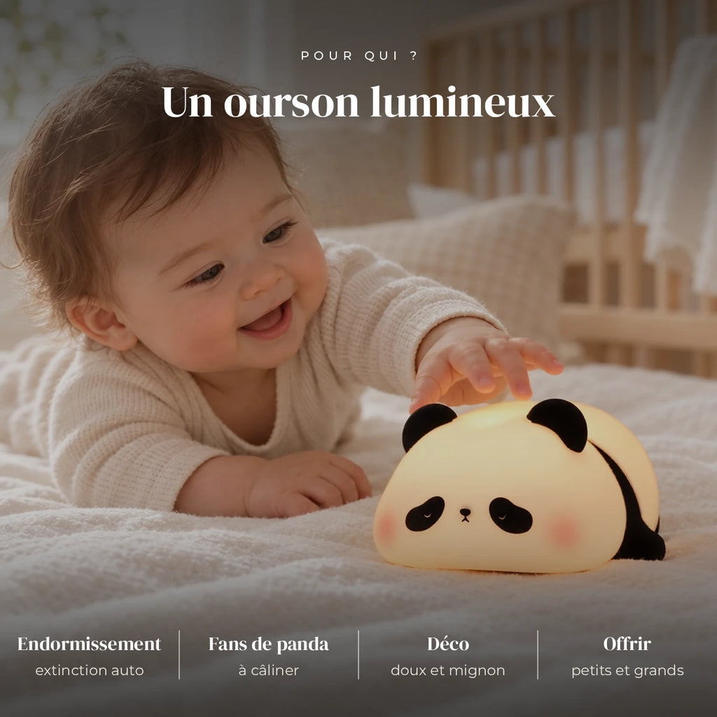 Veilleuse panda en silicone tactile et rechargeable utilisée la nuit dans la chambre de bébé