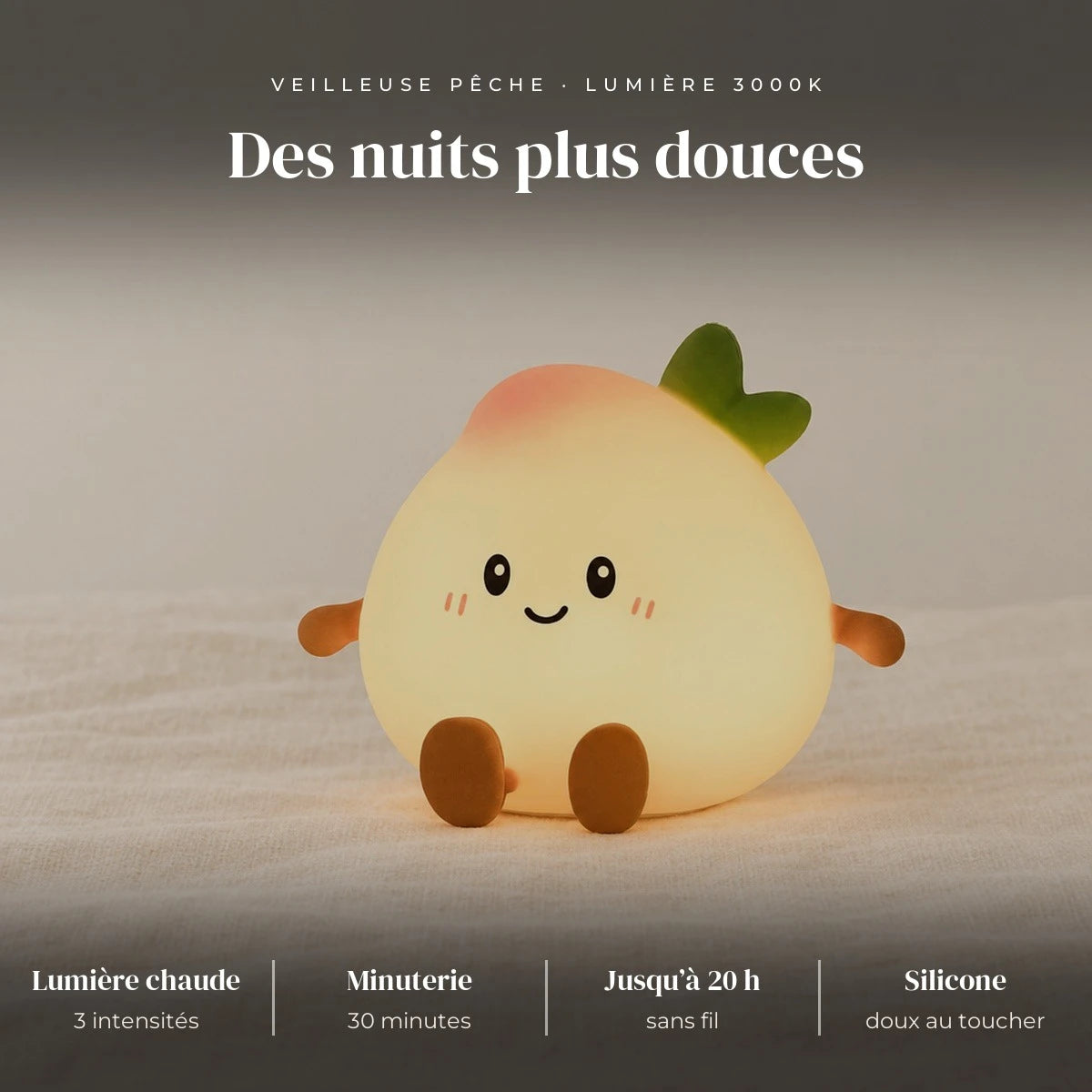 Veilleuse pêche tactile et rechargeable : silicone doux, 3 intensités, lumière chaude 3000K, 30 minutes