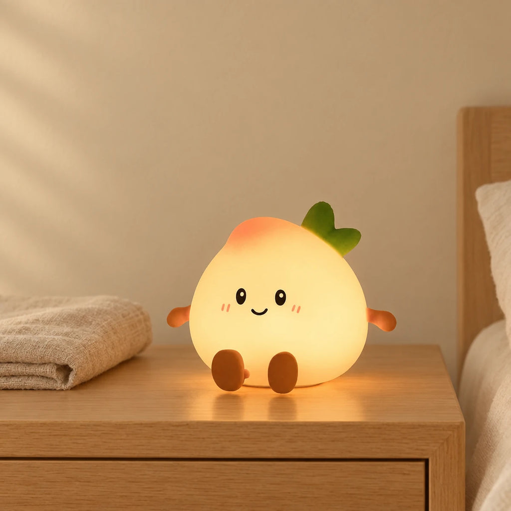 Veilleuse pêche tactile et rechargeable allumée sur une table de chevet en chêne dans une chambre d’enfant