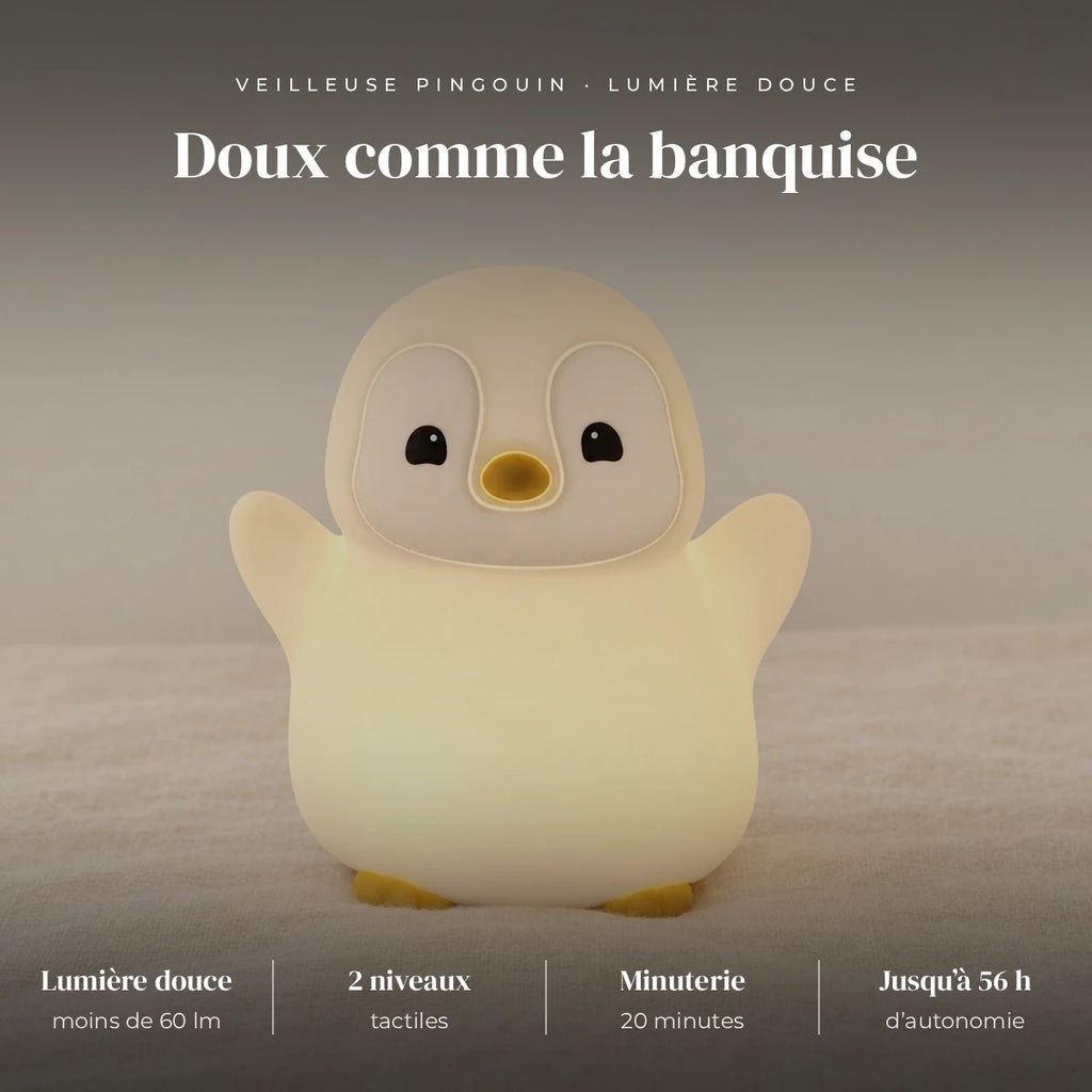 Veilleuse pingouin rechargeable : LED douce, moins de 60 lumens, 2 niveaux, tactile, 20 minutes