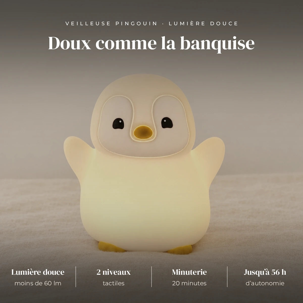 Veilleuse pingouin rechargeable : LED douce, moins de 60 lumens, 2 niveaux, tactile, 20 minutes