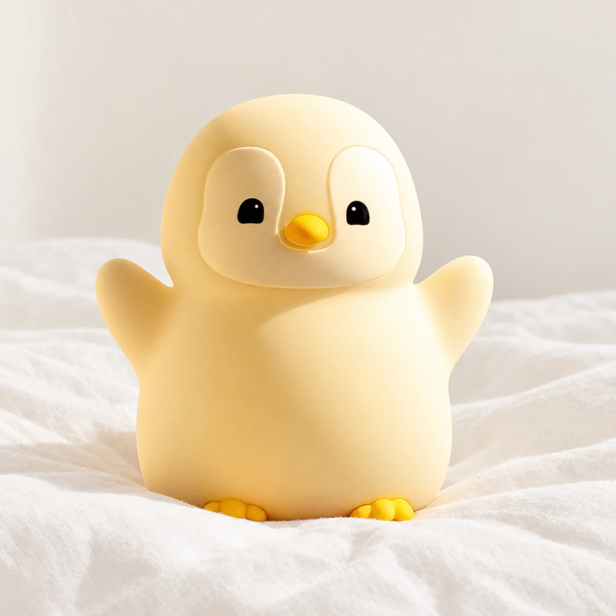 Veilleuse pingouin rechargeable en gros plan sur un drap blanc