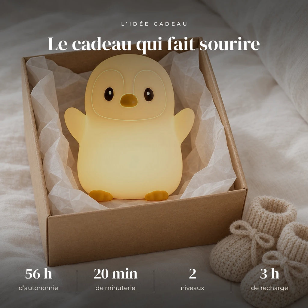 Veilleuse pingouin rechargeable dans sa boîte cadeau, idée cadeau de naissance