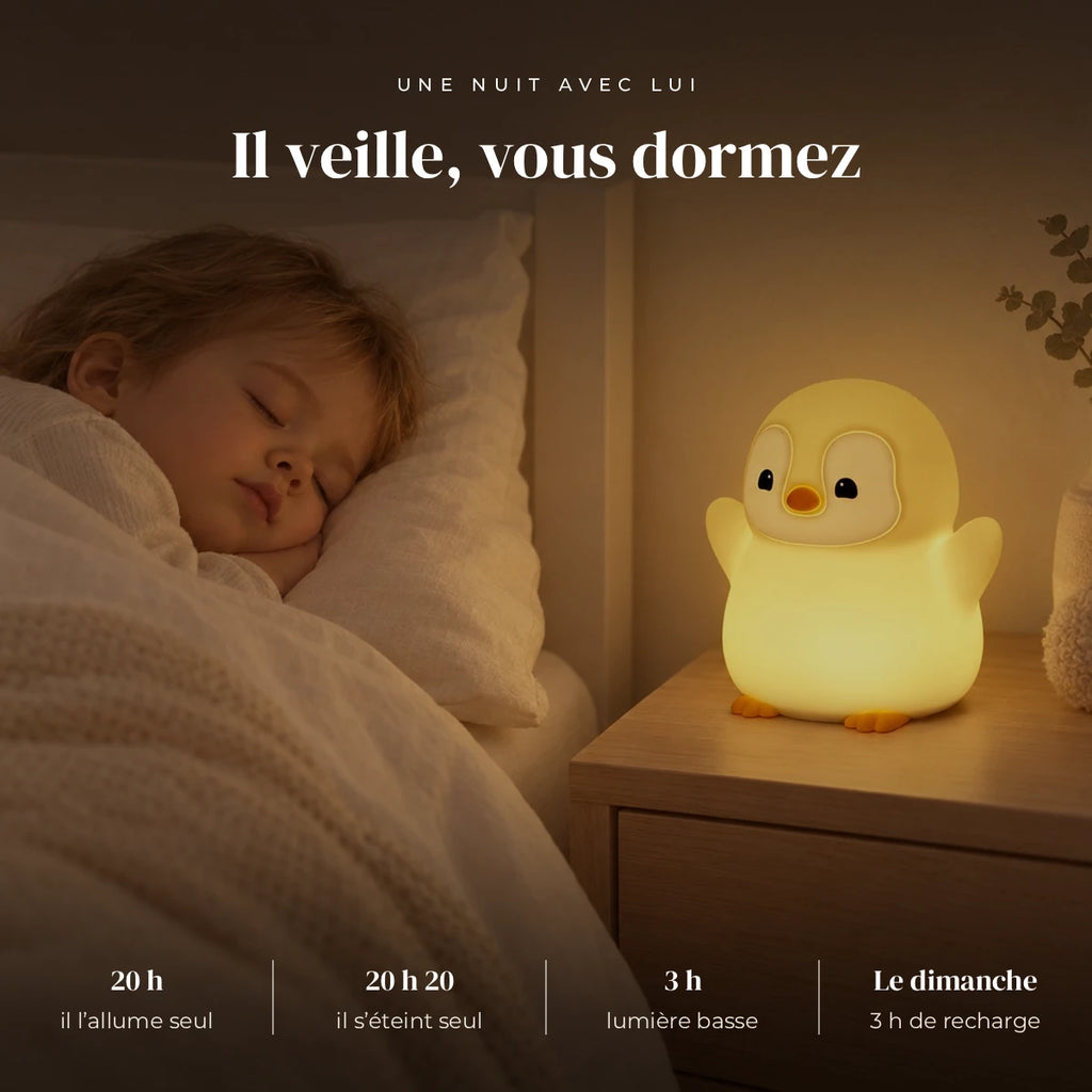 Veilleuse pingouin rechargeable qui éclaire doucement la chambre pendant que l’enfant dort