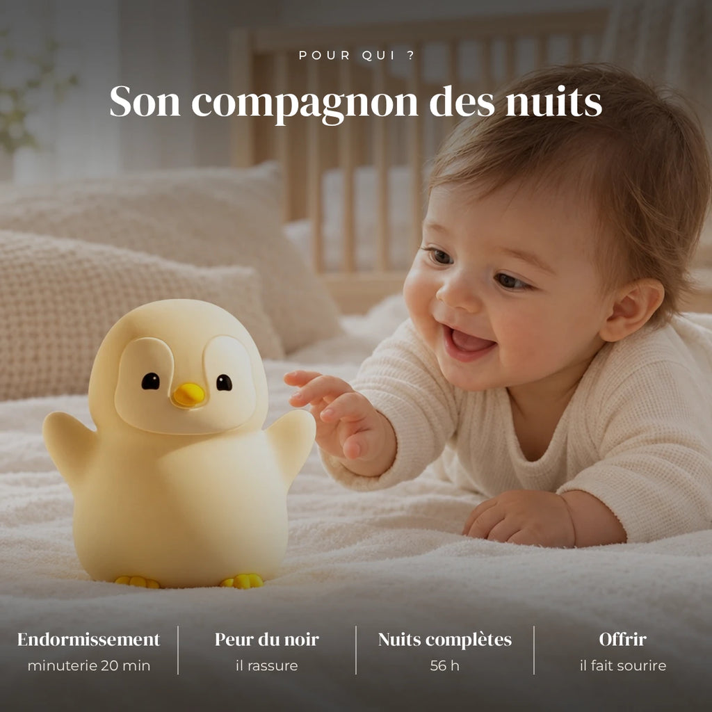 Veilleuse pingouin rechargeable utilisée la nuit dans la chambre de bébé
