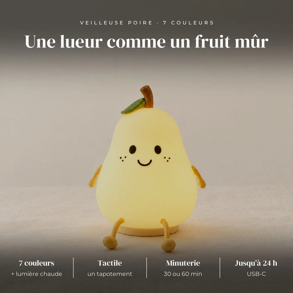 Veilleuse poire en silicone : silicone doux, 7 couleurs + 3 intensités de lumière chaude, 30 ou 60 minutes
