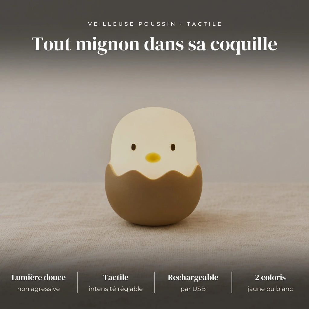 Veilleuse poussin en silicone : LED douce, intensité réglable, tactile, rechargeable USB (câble non inclus)