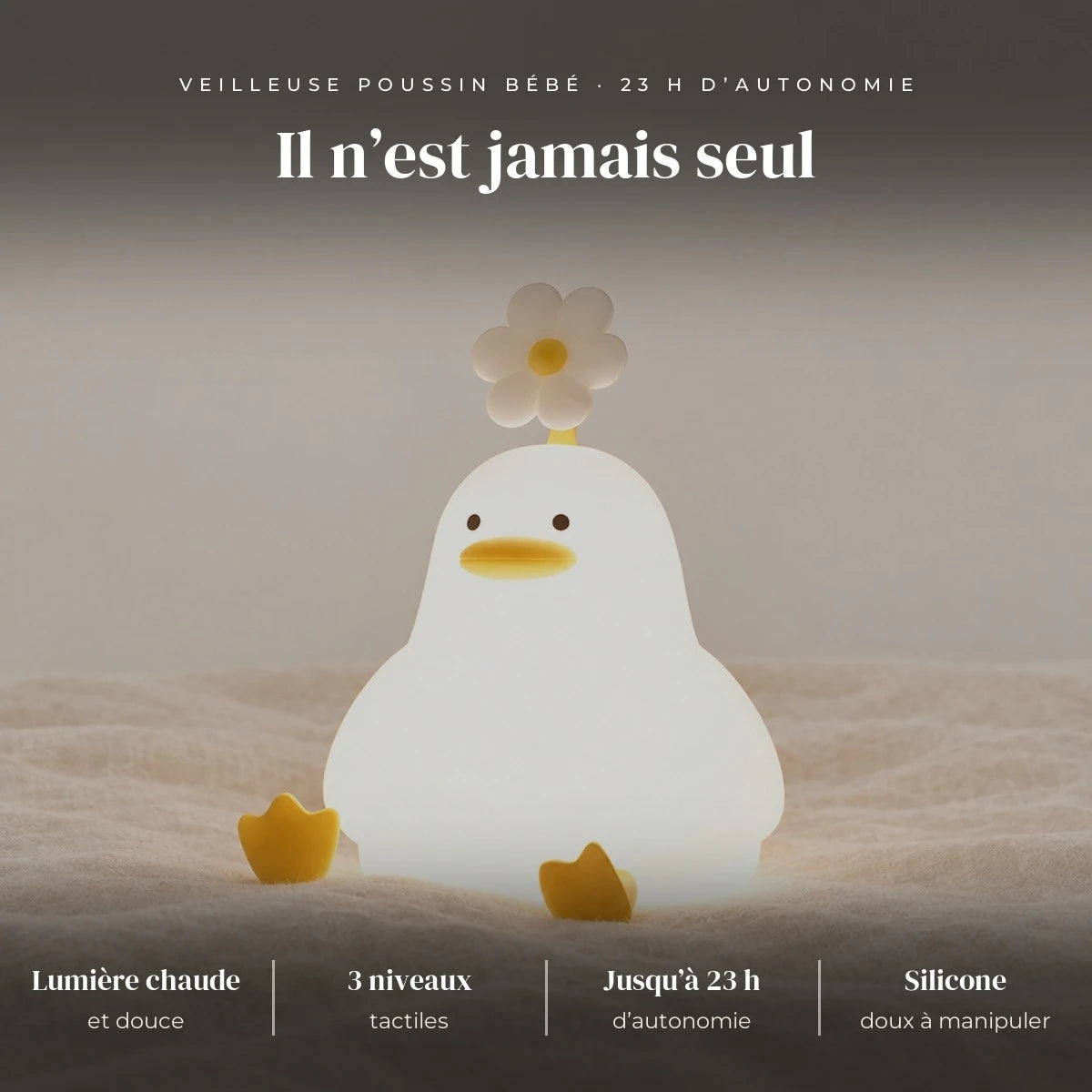 Veilleuse poussin bébé : silicone souple, lumière chaude, 3 niveaux, tactile