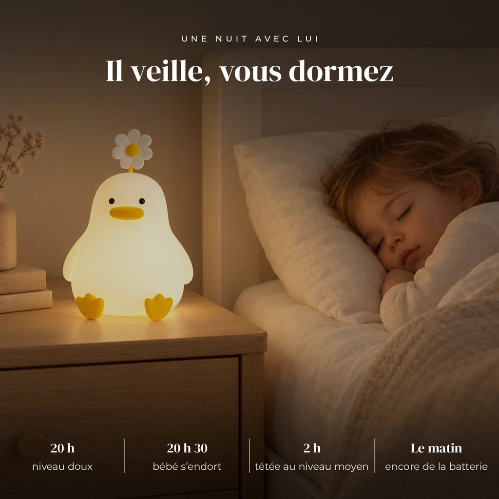 Veilleuse poussin bébé qui éclaire doucement la chambre pendant que l’enfant dort