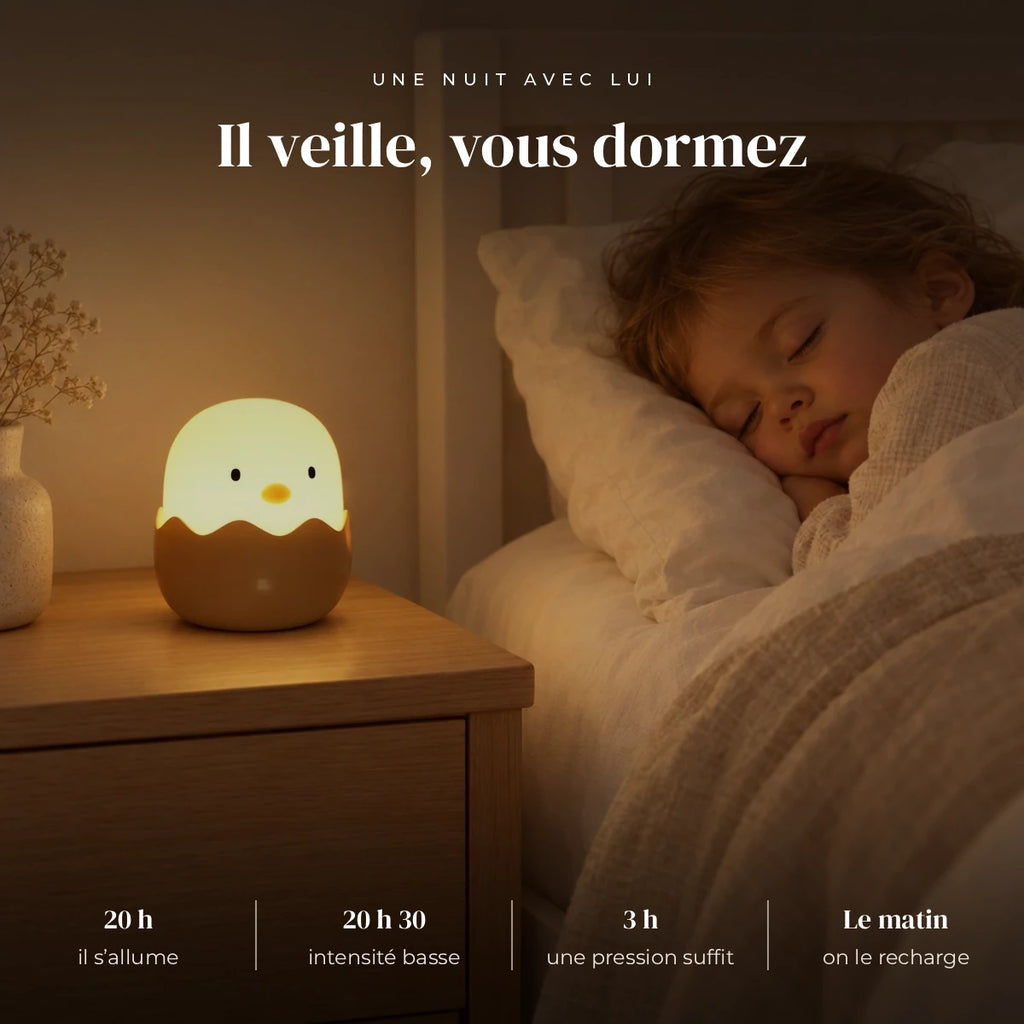 Veilleuse poussin en silicone qui éclaire doucement la chambre pendant que l’enfant dort