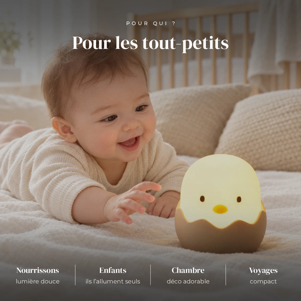 Veilleuse poussin en silicone utilisée la nuit dans la chambre de bébé