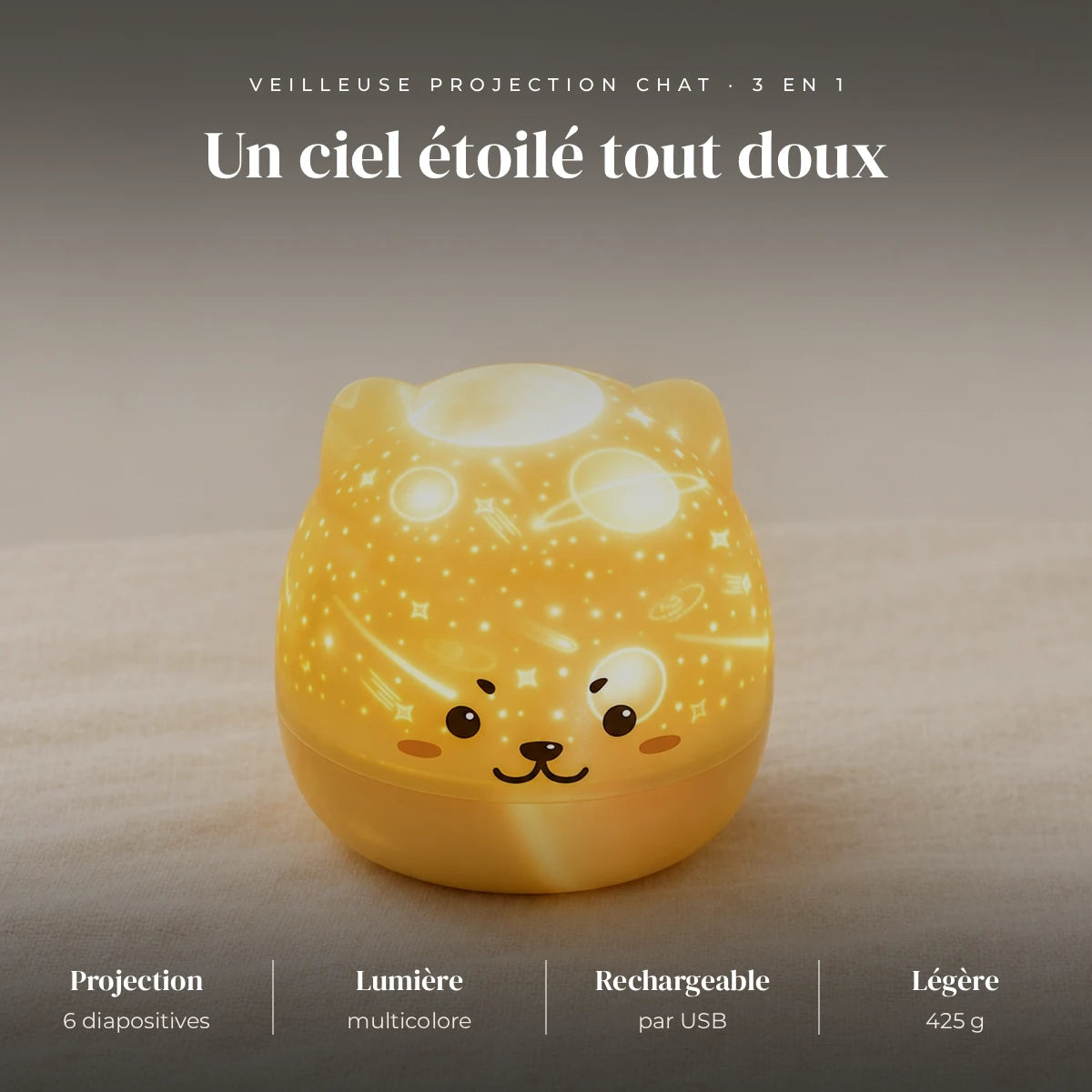 Veilleuse chat projection ciel étoilé : 6 diapositives interchangeables, LED blanc, jaune, bleu ou fondu, rechargeable USB