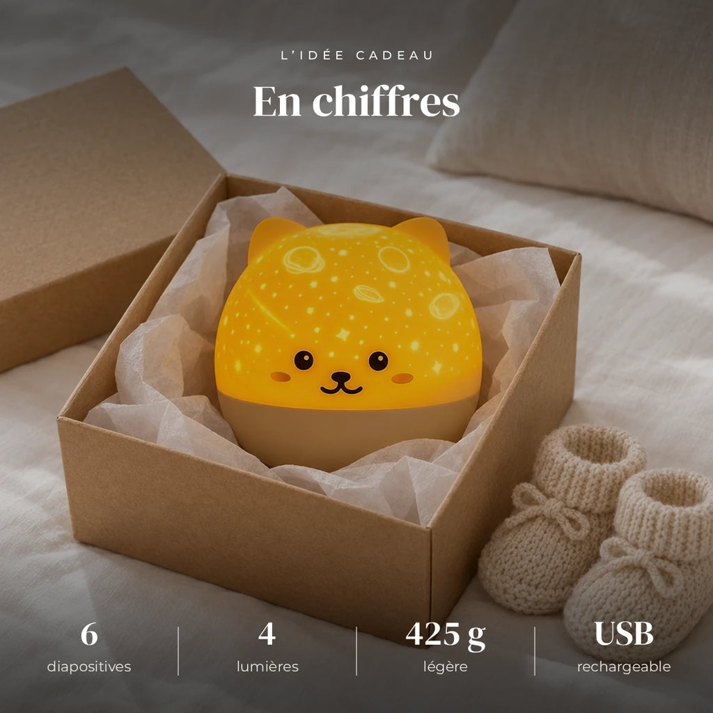 Veilleuse chat projection ciel étoilé dans sa boîte cadeau, idée cadeau de naissance