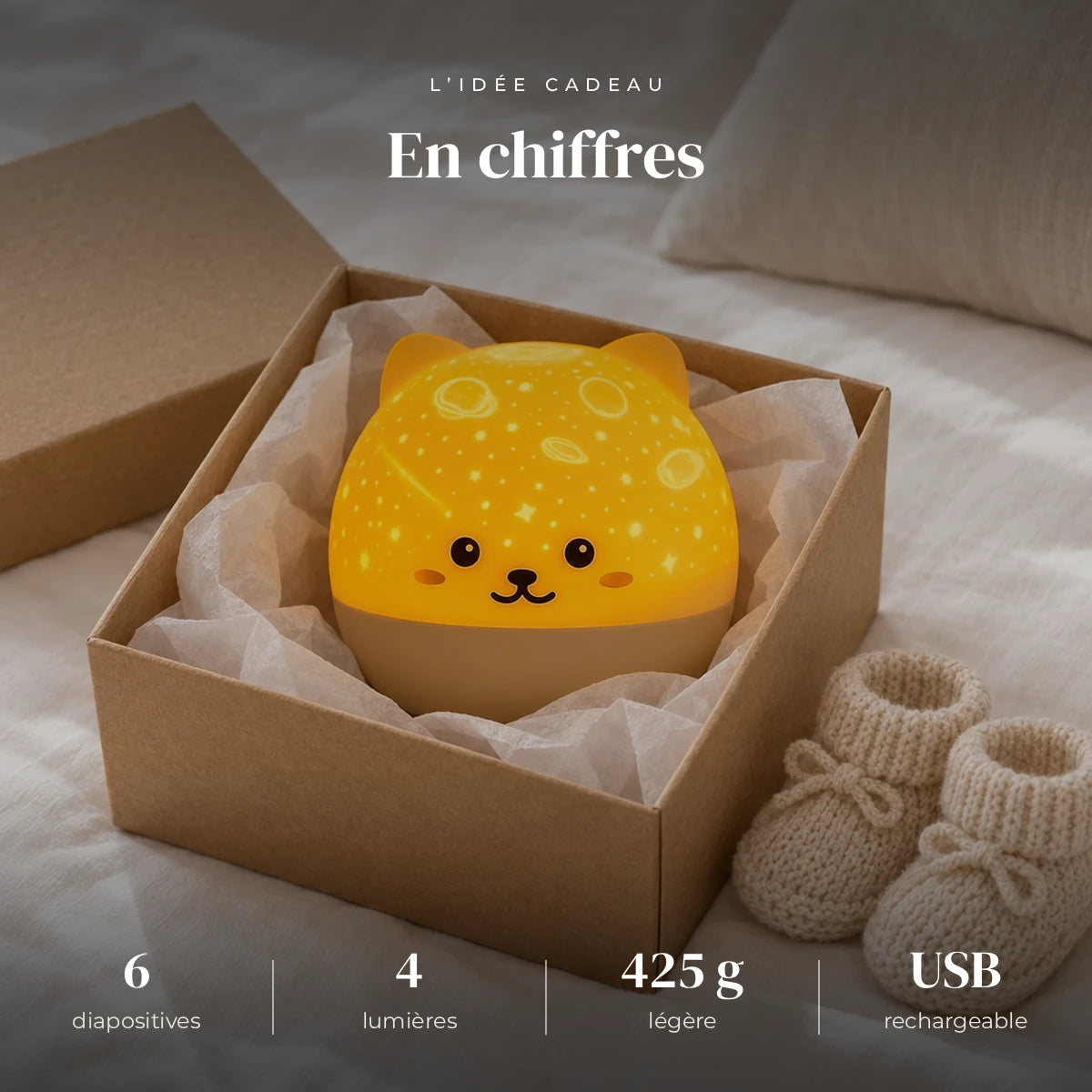 Veilleuse chat projection ciel étoilé dans sa boîte cadeau, idée cadeau de naissance