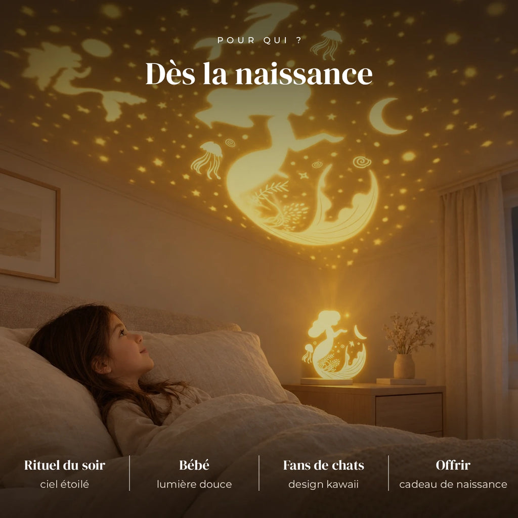 Veilleuse chat projection ciel étoilé utilisée la nuit dans la chambre de bébé