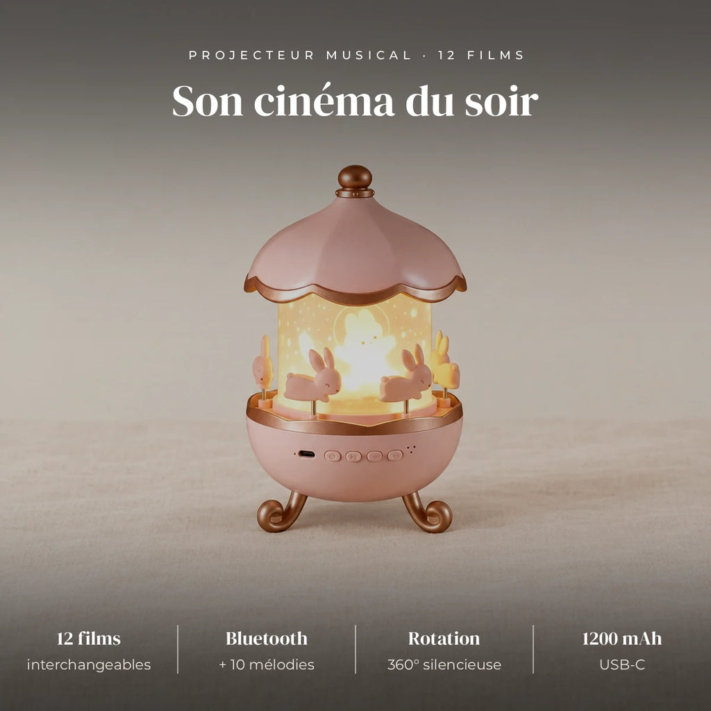 Veilleuse projection bébé lapin musicale : 12 films interchangeables, rotation 360°, 7 couleurs, 3 intensités, Bluetooth + 10 mélodies en mémoire