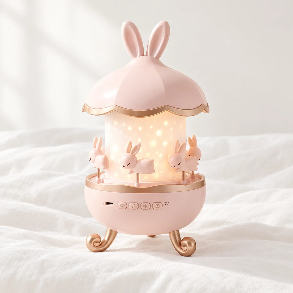 Veilleuse projection bébé lapin musicale en gros plan sur un drap blanc