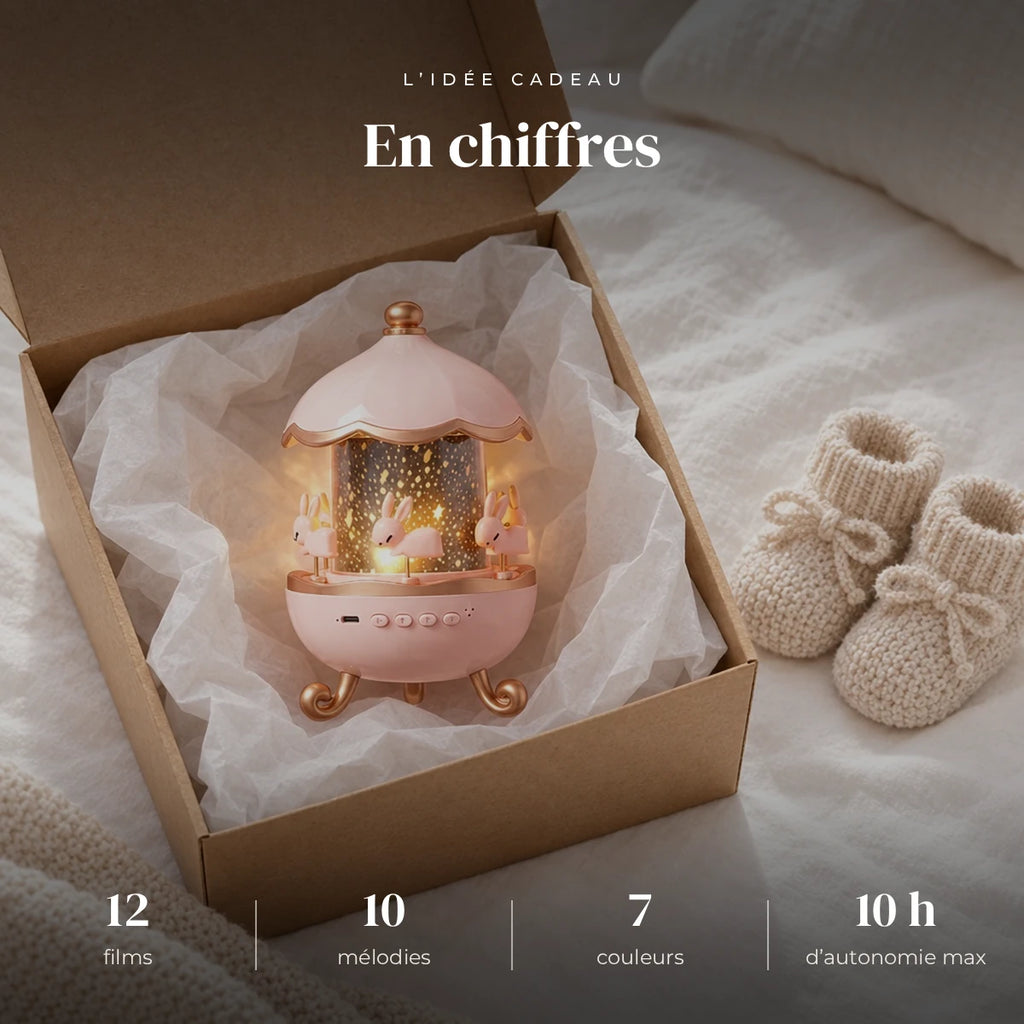 Veilleuse projection bébé lapin musicale dans sa boîte cadeau, idée cadeau de naissance