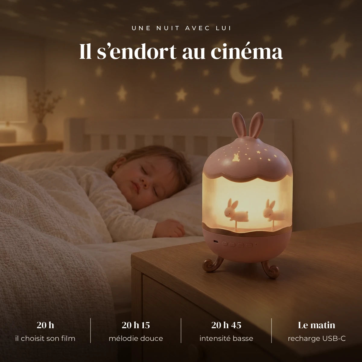 Veilleuse projection bébé lapin musicale qui éclaire doucement la chambre pendant que l’enfant dort