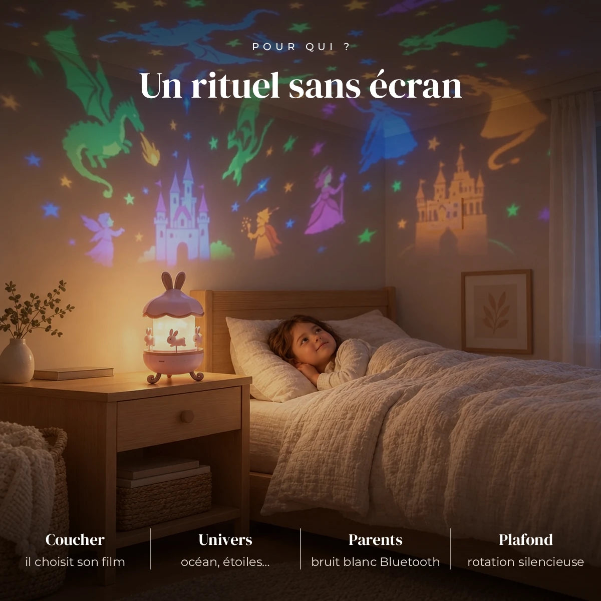 Veilleuse projection bébé lapin musicale utilisée la nuit dans la chambre de bébé
