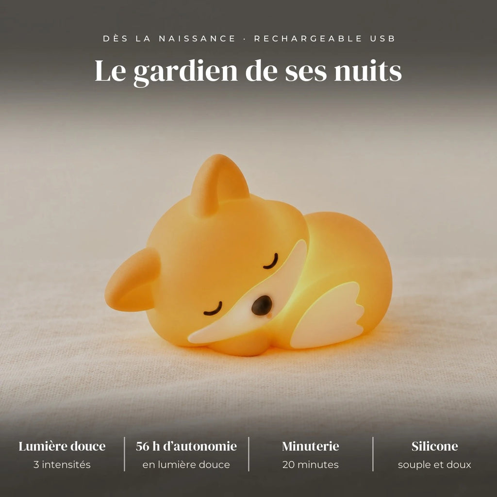 Veilleuse renard bébé rechargeable en silicone : silicone souple, LED, 3 intensités (30, 60, 100 %), 20 minutes