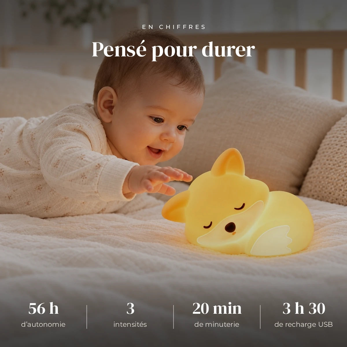 Veilleuse renard bébé rechargeable en silicone : autonomie, intensités et minuterie en chiffres