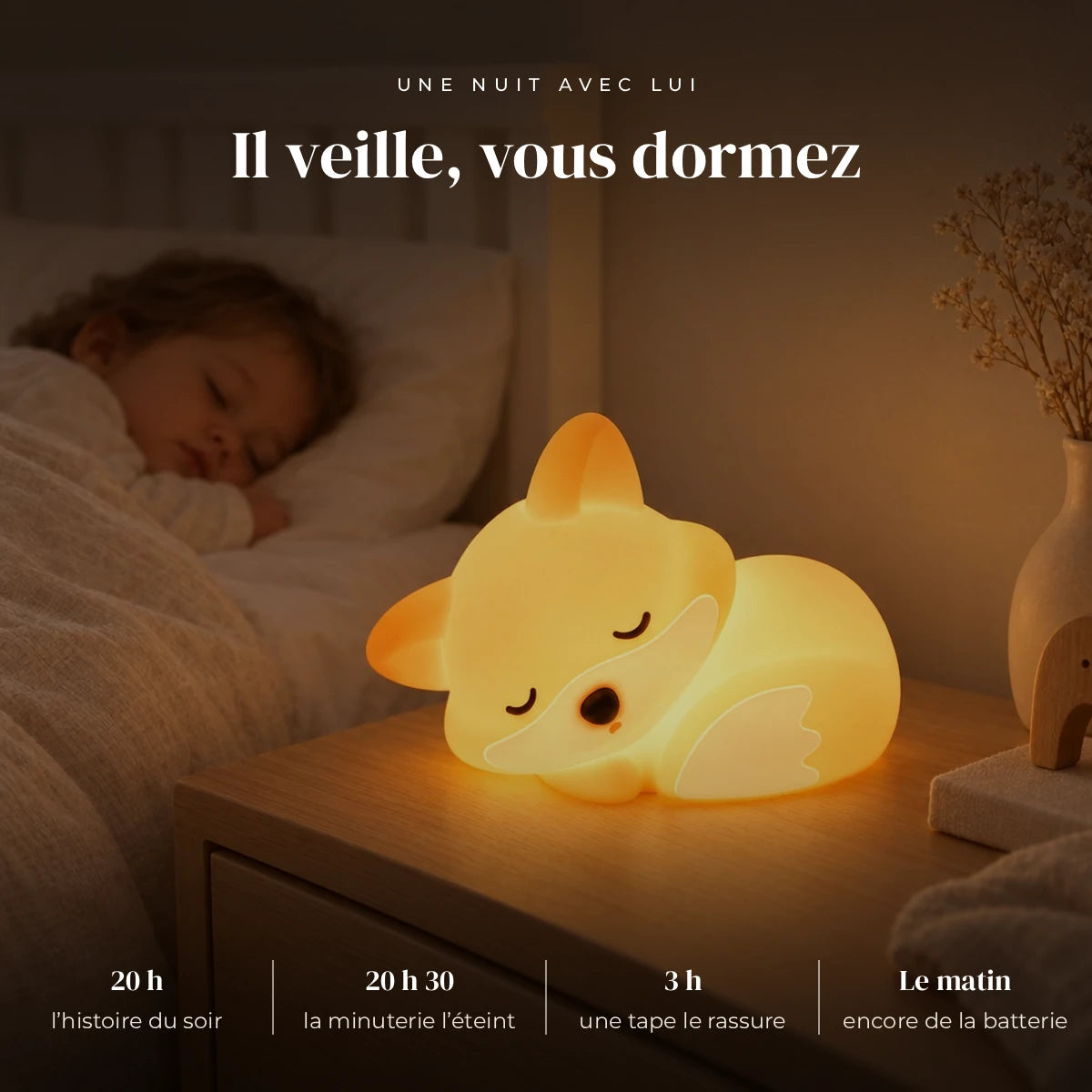 Veilleuse renard bébé rechargeable en silicone qui éclaire doucement la chambre pendant que l’enfant dort