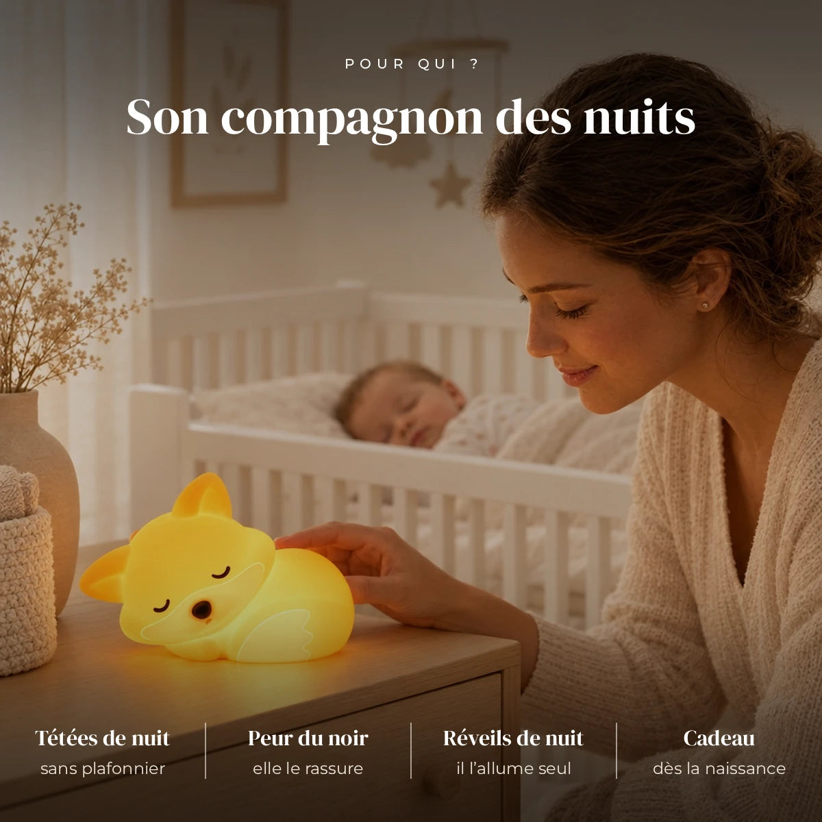 Veilleuse renard bébé rechargeable en silicone utilisée la nuit dans la chambre de bébé