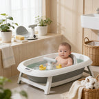 Transat de bain bébé enveloppant maintien total en situation dans la salle de bain, ambiance cosy