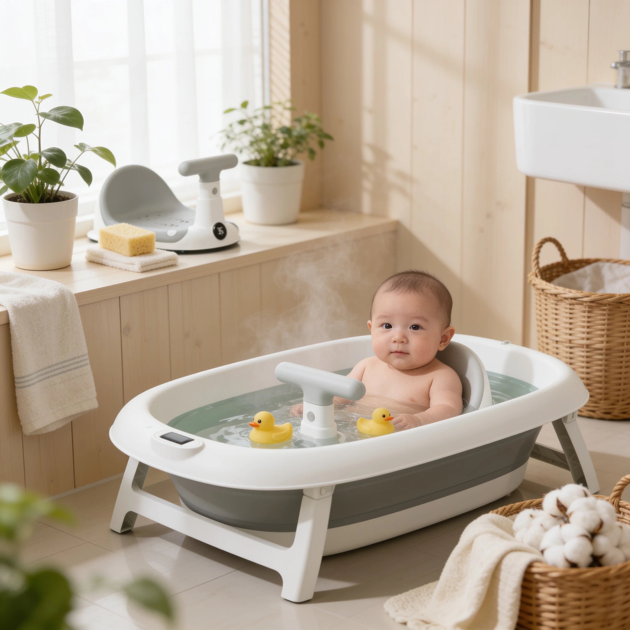 Transat de bain bébé enveloppant maintien total en situation dans la salle de bain, ambiance cosy