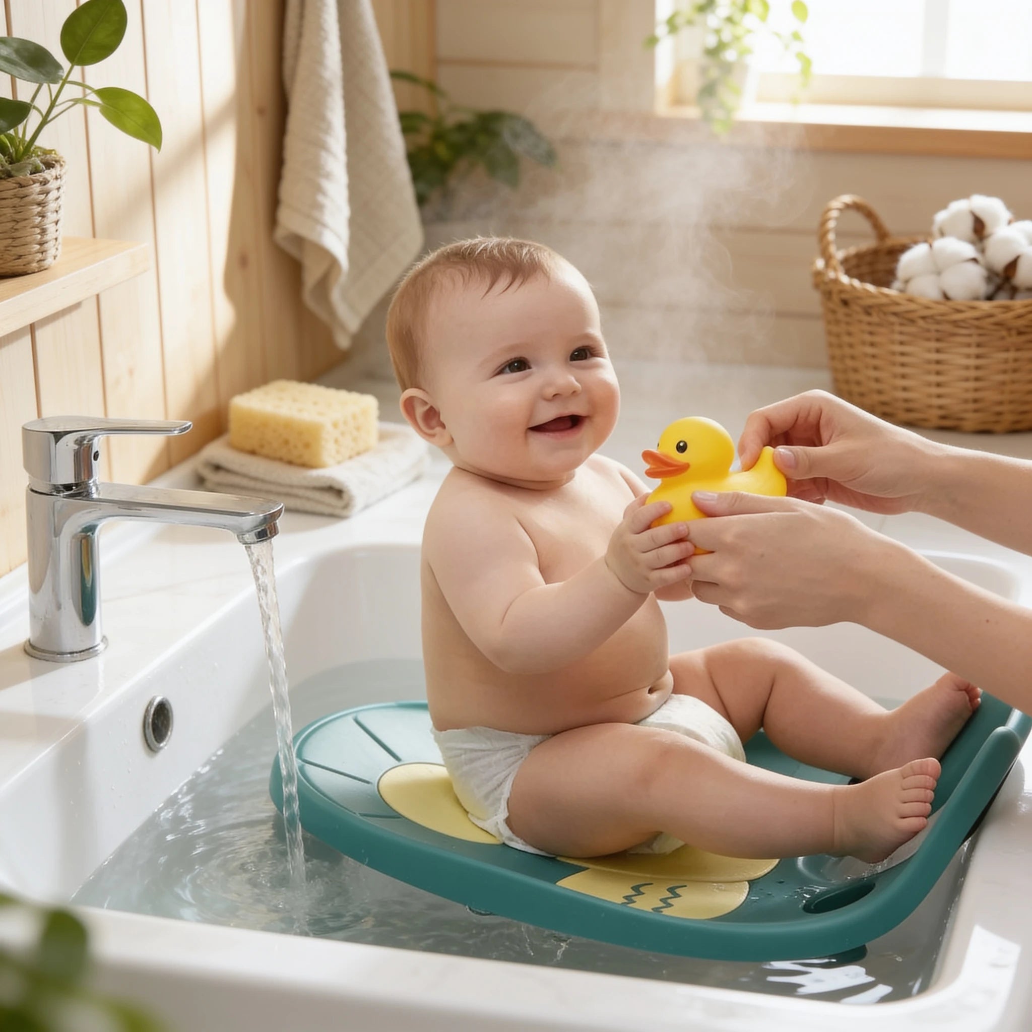 Transat de bain bébé ergonomique pour lavabo en situation dans la salle de bain, ambiance cosy